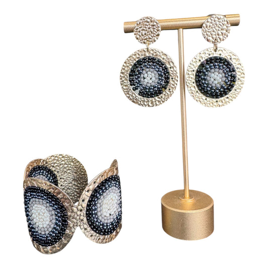 Handcrafted Bracelet and Earring Set Black and White Gold