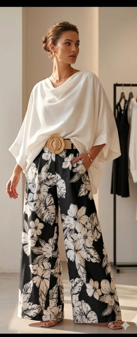 Flower Palazzo With Sumer Belt Black