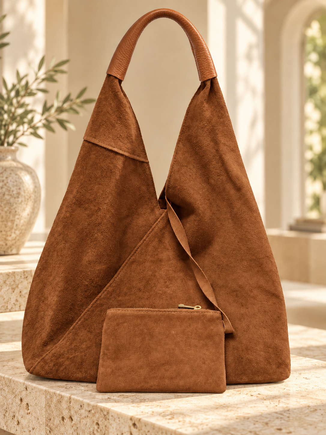 Camel Italian Hobo Bag with Pouch