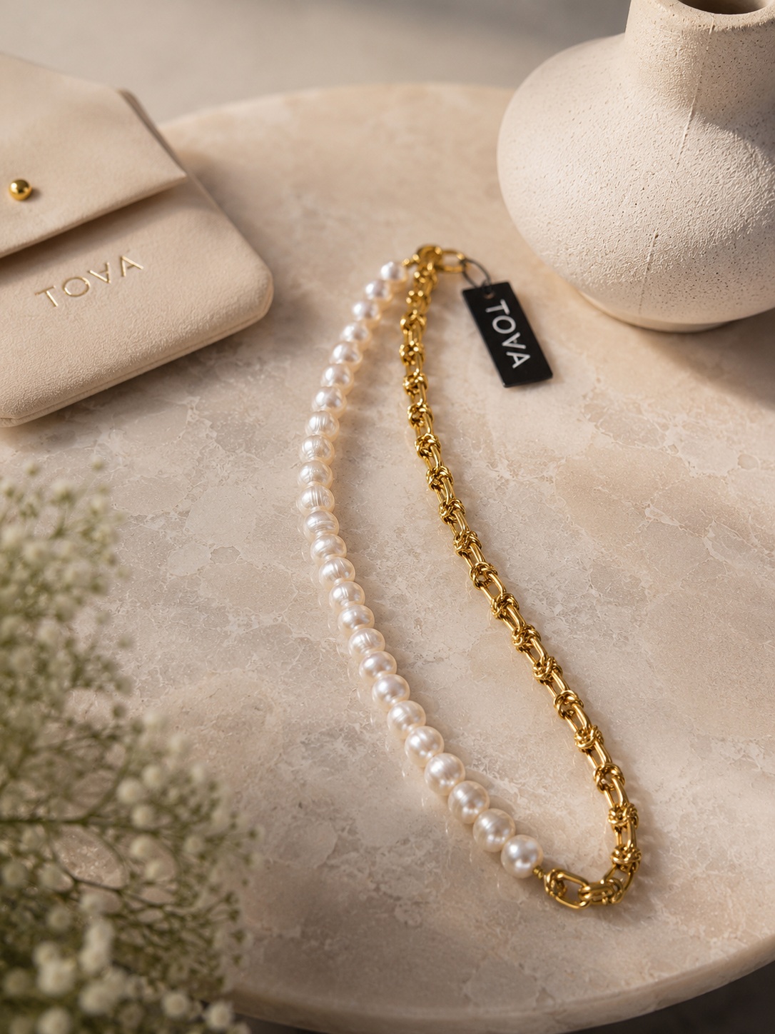 TOVA Pearl & Gold Link Statement Necklace