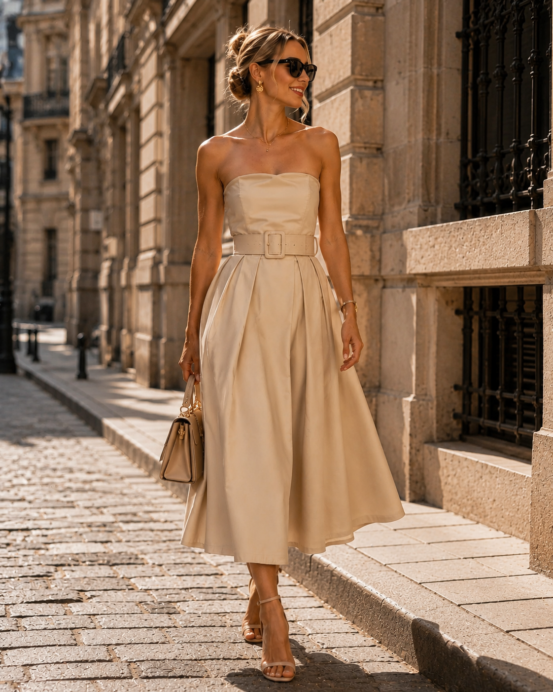 Italian Beige Strapless Belted Midi Dress