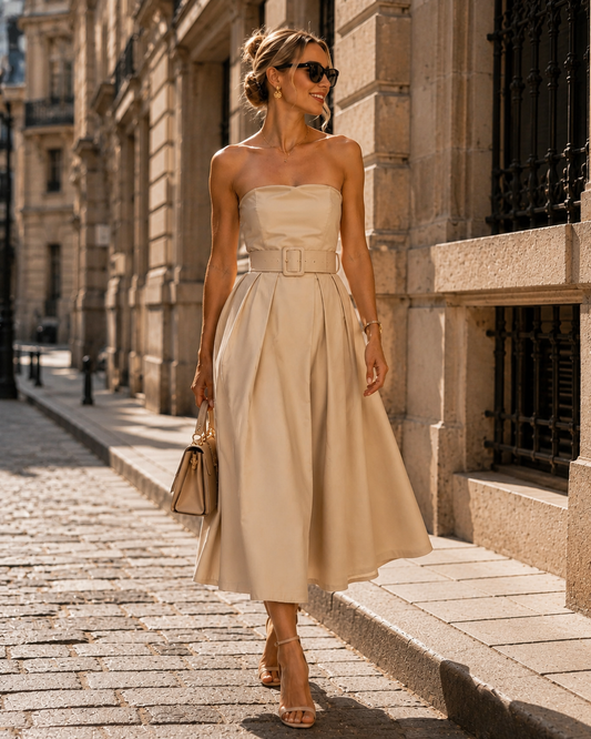 Italian Beige Strapless Belted Midi Dress