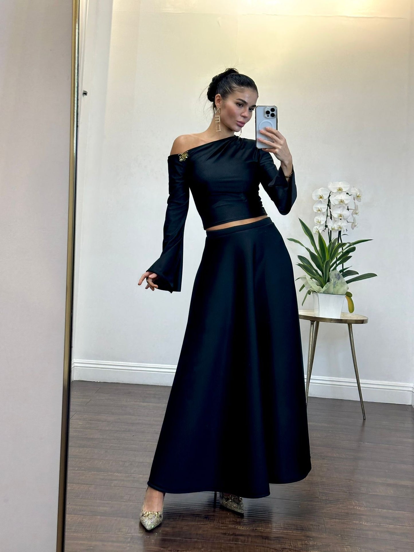 Black Satin One-Shoulder Blouse with Flared Sleeve