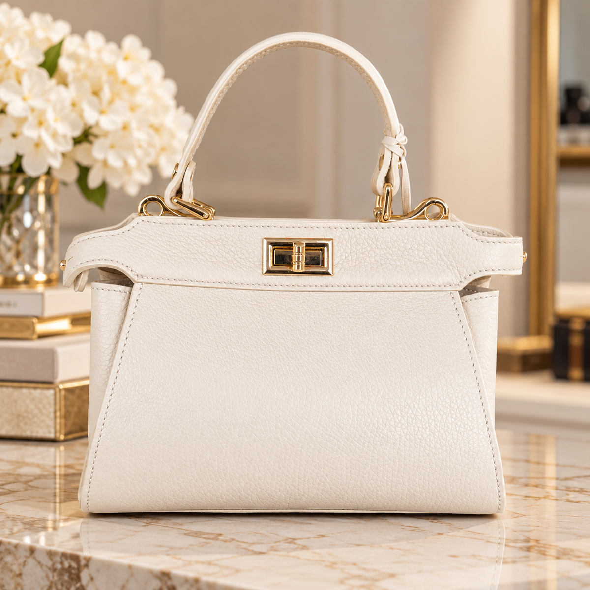 Ivory Italian Leather Structured Top Handle Handbag