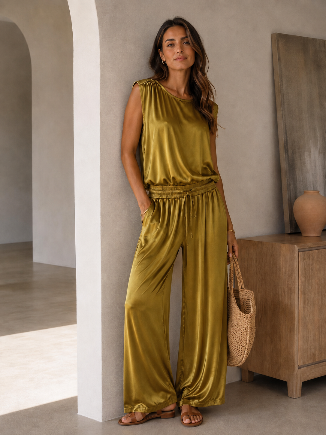 Italian Olive Gold Satin Elegance Two-Piece Set