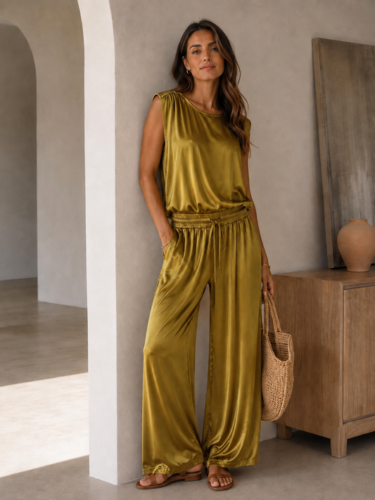 Italian Olive Gold Satin Elegance Two-Piece Set