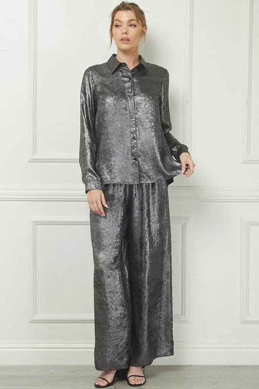 Elastic Drawsting Waist Soft Pant in Brushed Satin in Gunmetal