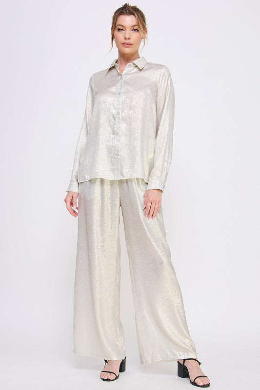 Elastic Drawstring Waist Soft Pant in Brushed Satin Silver