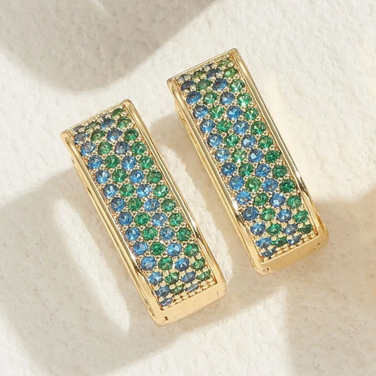 Asymmetrical Geometric Hoop Green/Blue Earrings For Women In Copper With 14K Gold Plated Finish