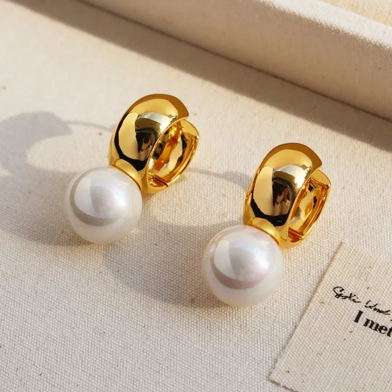 Geometric Patchwork Brass Artificial Pearls 24K Gold Plated Drop Earrings