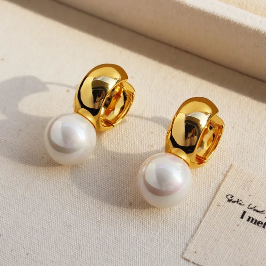 Geometric Patchwork Brass Artificial Pearls 24K Gold Plated Drop Earrings