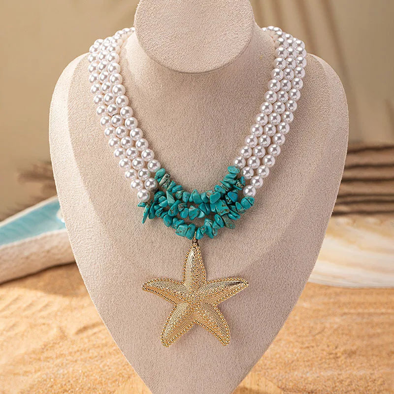 Fake Pearl Beaded Necklace Multi-layer Simple Star Turquoise