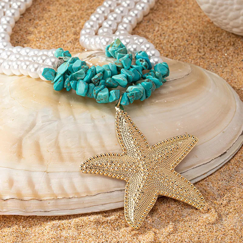 Fake Pearl Beaded Necklace Multi-layer Simple Star Turquoise