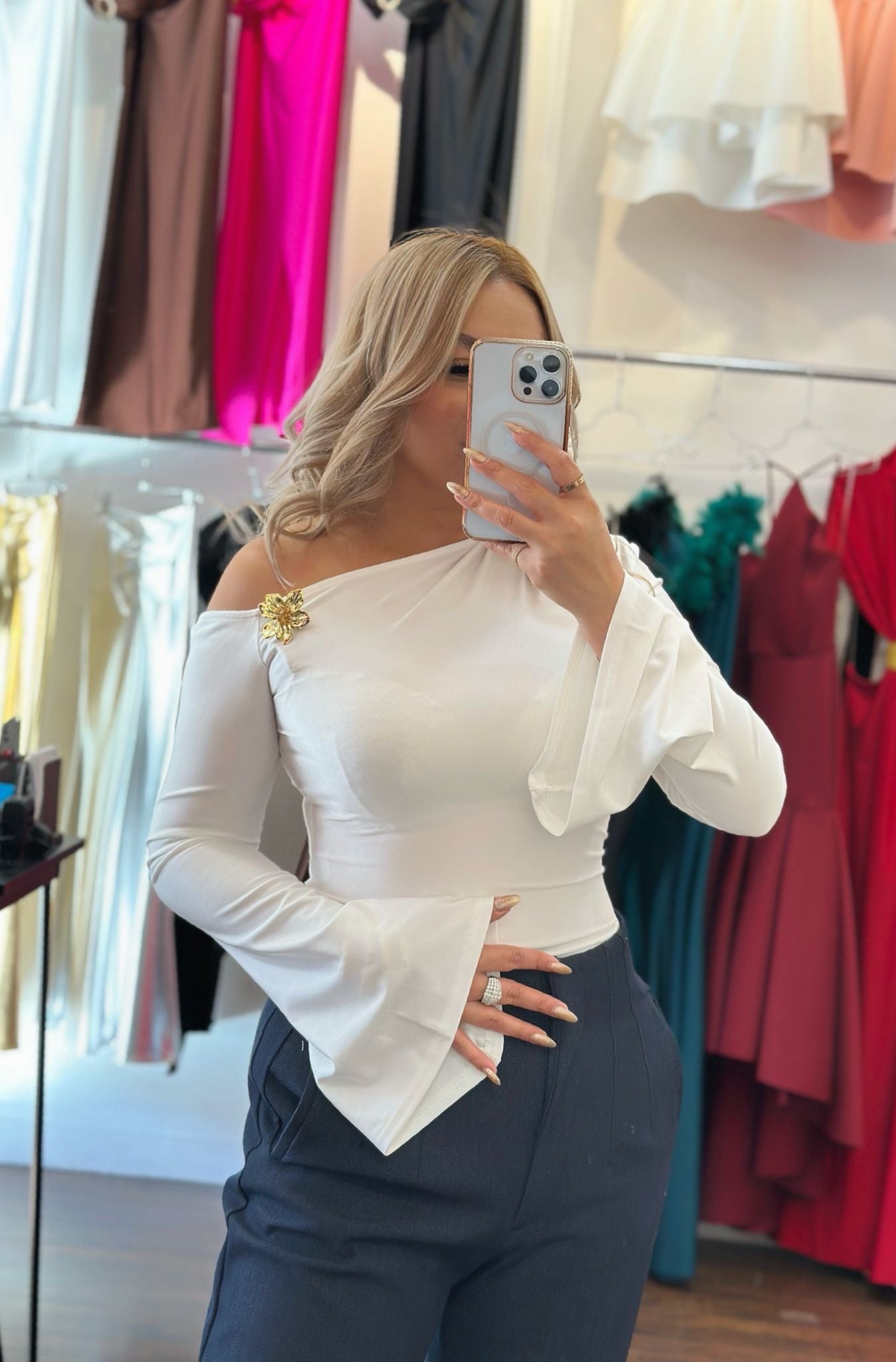White Satin One-Shoulder Blouse with Flared Sleeve
