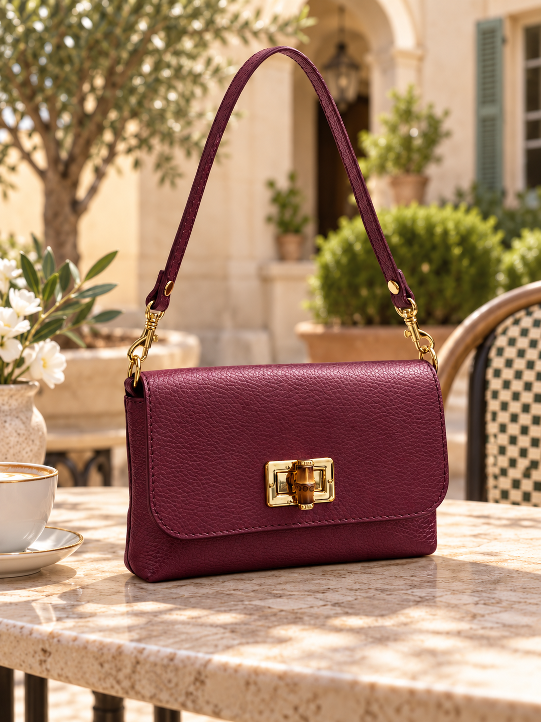 Burgundy Italian Leather Bamboo-Detail Bag