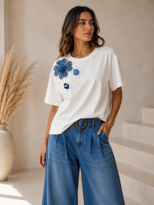 Denim Bloom Tee White Top
