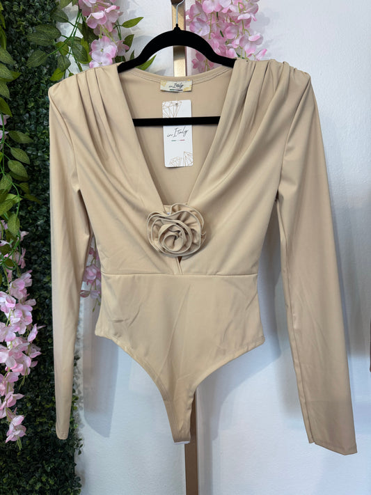 Italian Long Sleeve Bodysuit with Flower Accent Beige