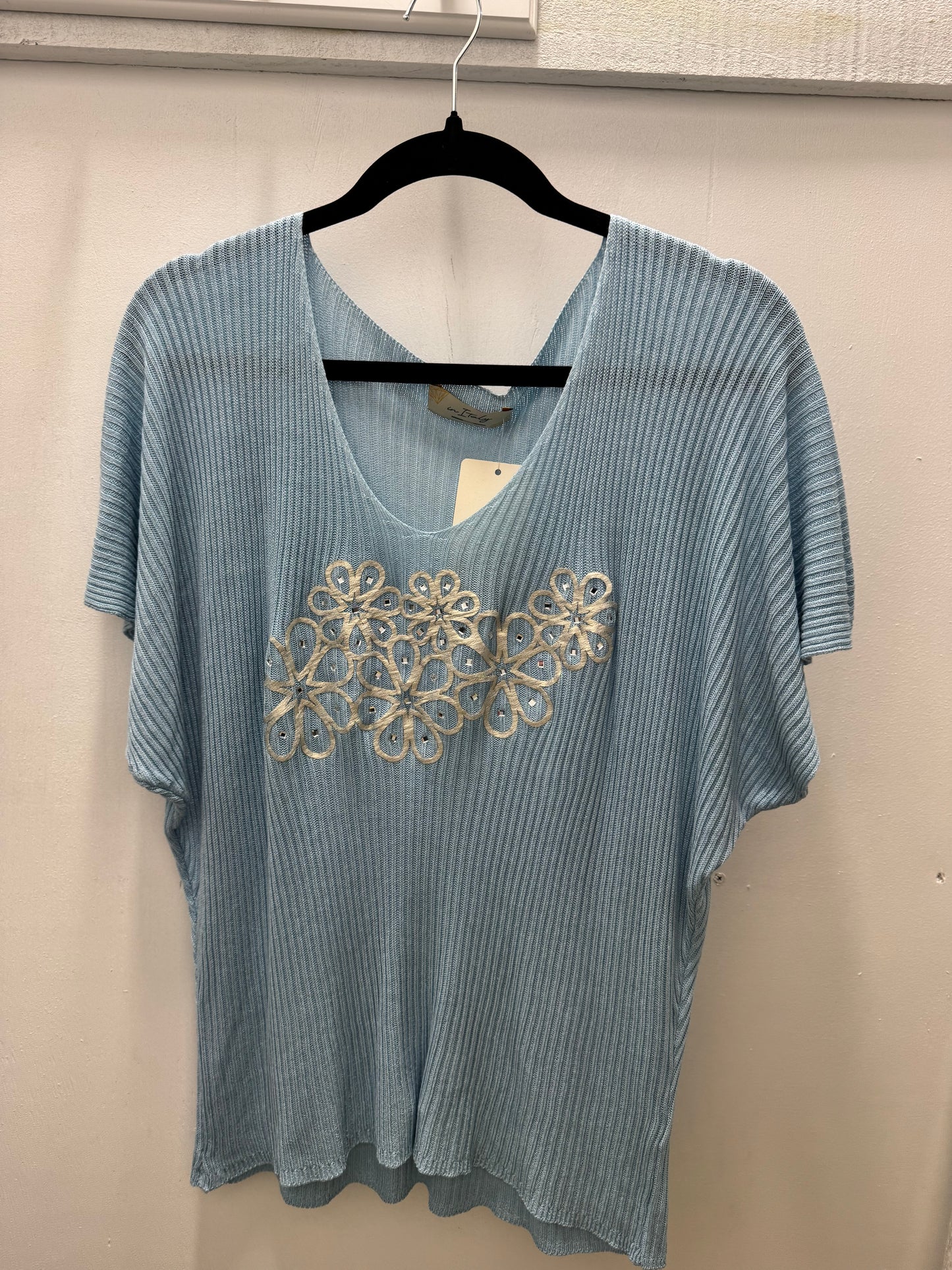 Italian Blue Ribbed Blouse with Floral Embroidery and Beaded Details