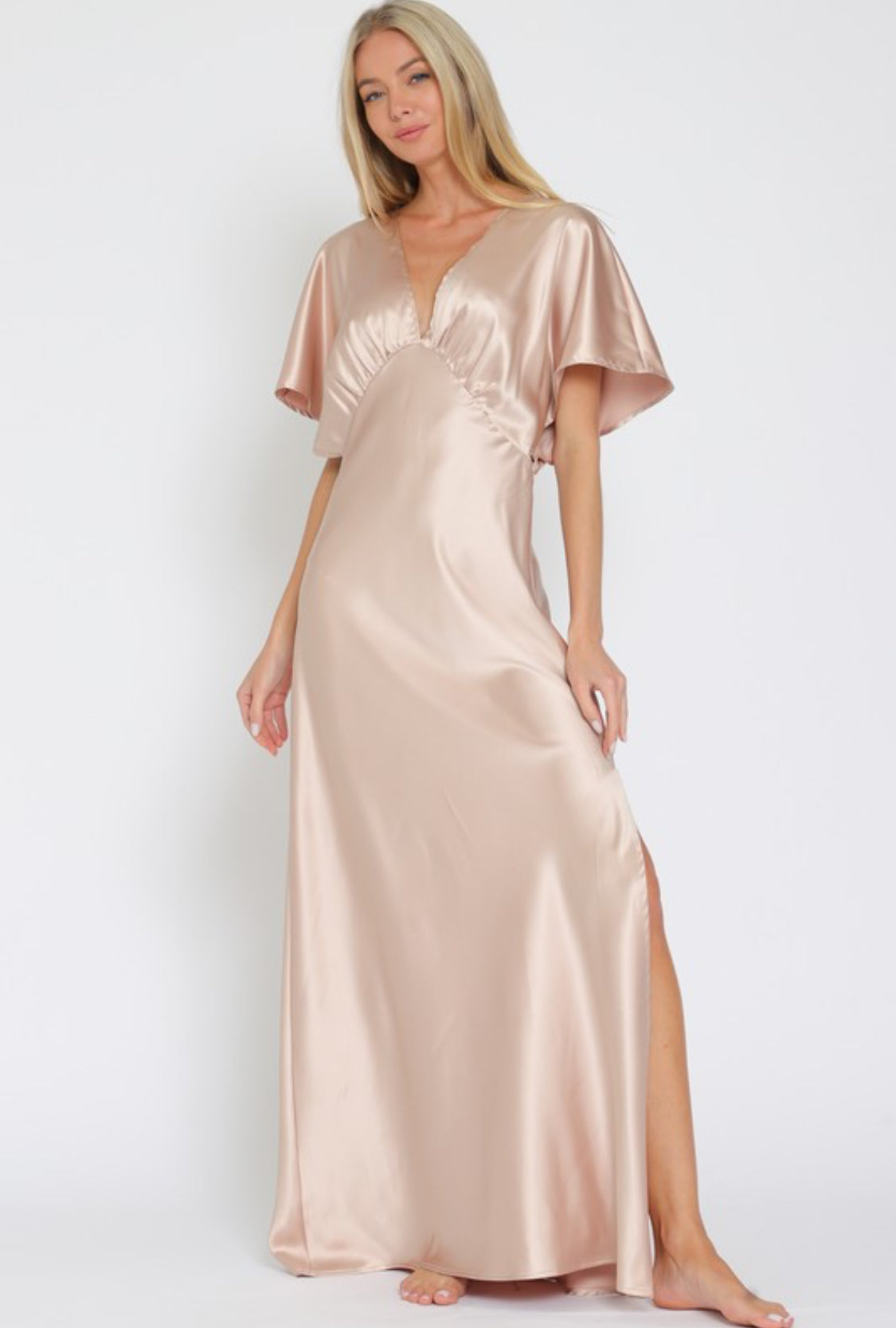 V-neck Short Dolman Sleeve Maxi Dress Champagne