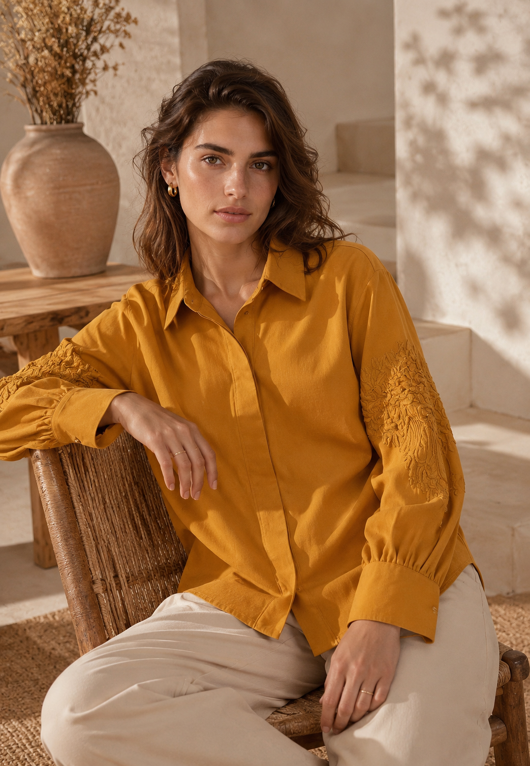 Italian Shirt with Sleeves Embroidery Mustard
