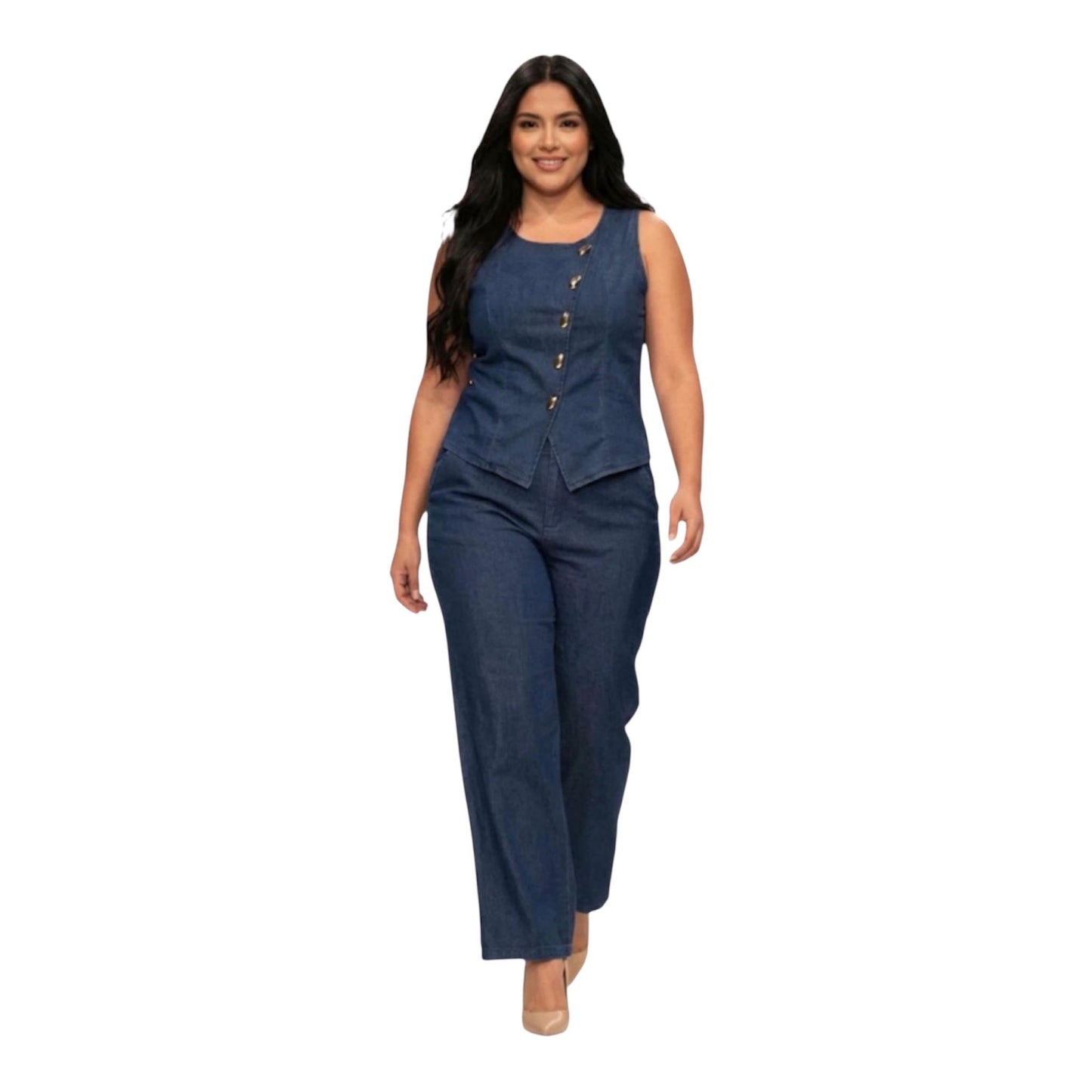 Elegant Denim Set with Vest and Wide-Leg Pants Plus