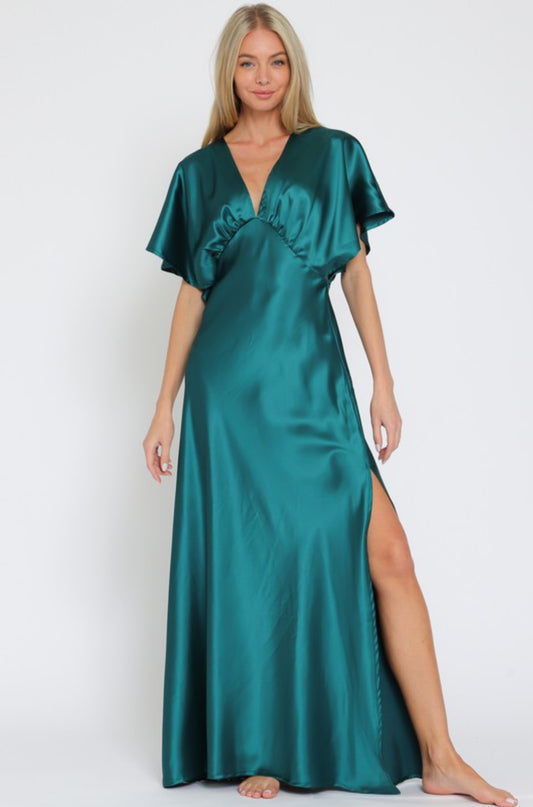 V-neck Short Dolman Sleeve Maxi Dress Green