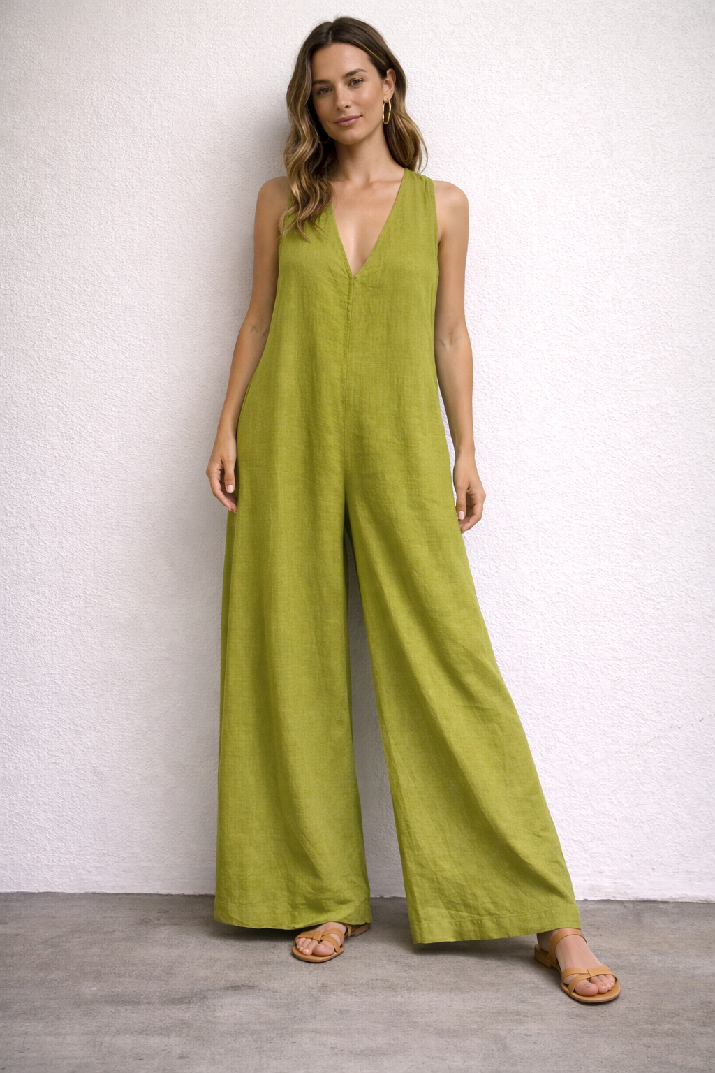 Italian Jumpsuit Green Linen Wide-Leg with Keyhole Back Detail