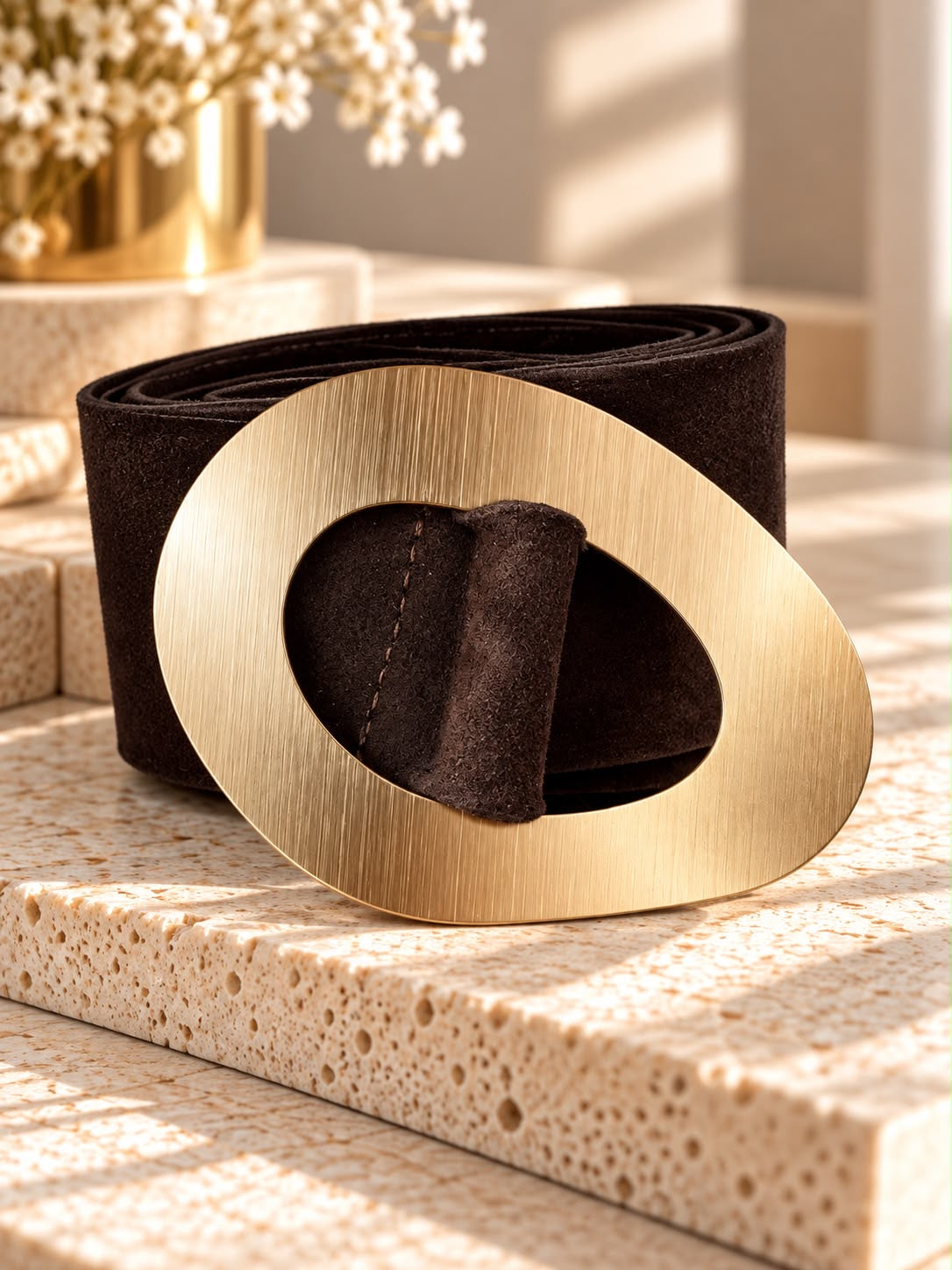 Dark chocolate Suede Geometric Gold Buckle Belt