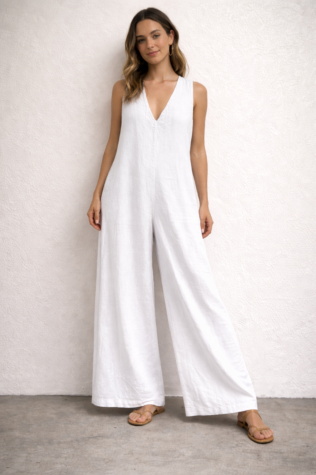 Italian Jumpsuit White Linen Wide-Leg with Keyhole Back Detail