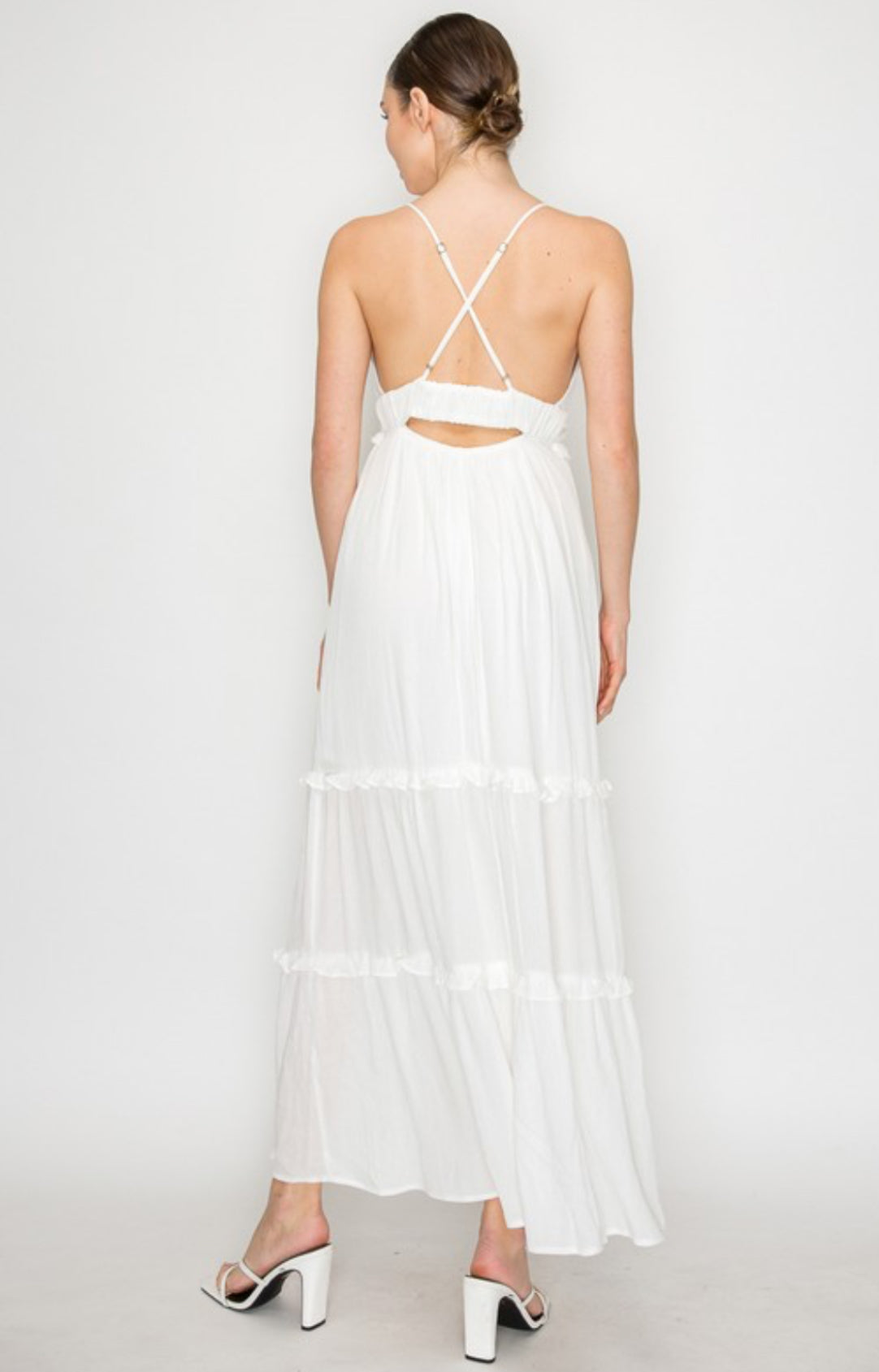 Crossed Back Ruffle Trim Tiered White Dress