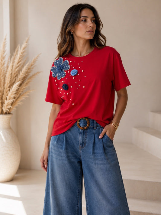Denim Bloom Tee Red Top