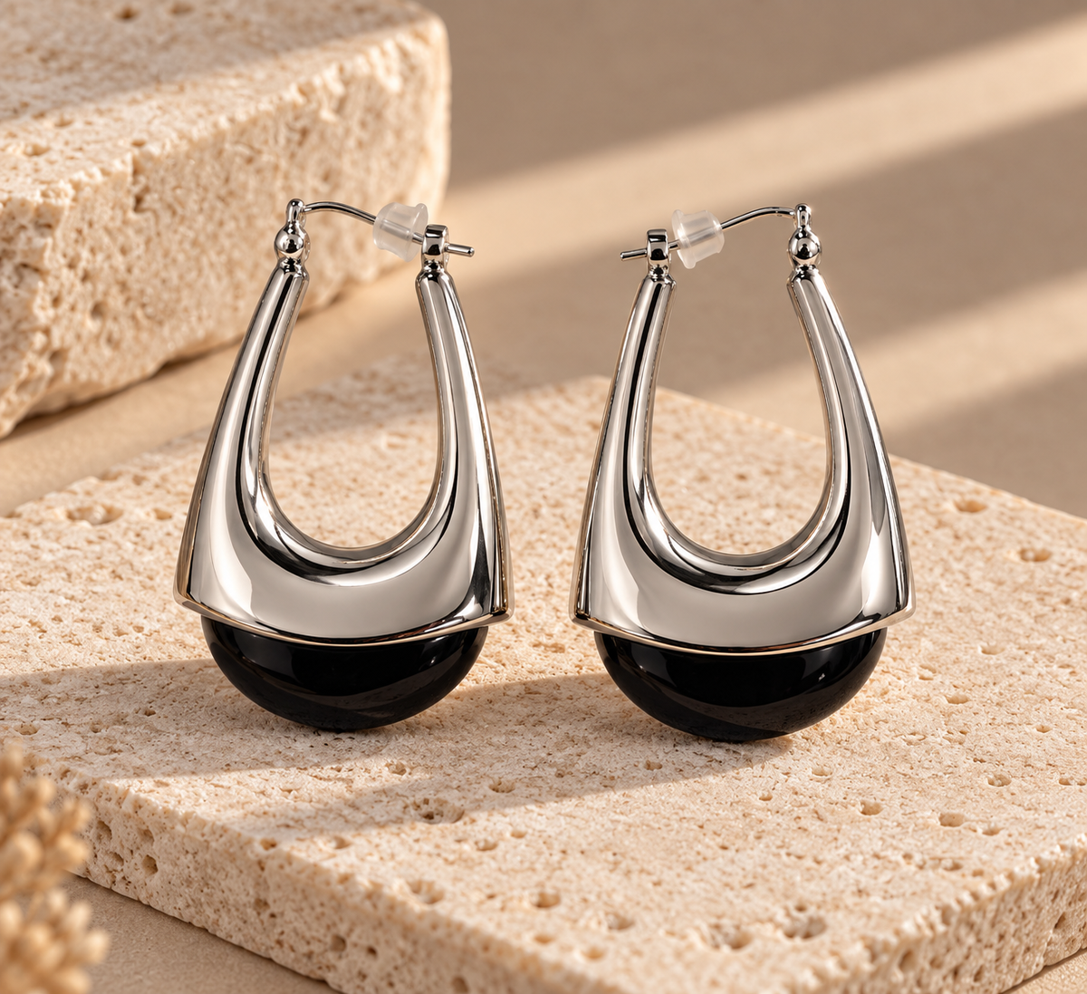Sculptural Silver & Black Hoop Earrings