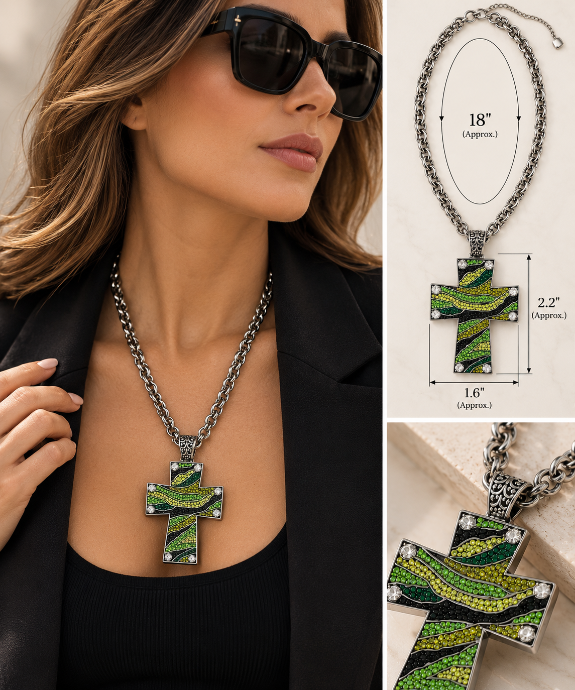 Emerald Wave Crystal Cross Necklace