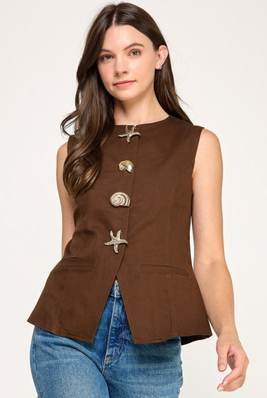 Sleeveless Metal Button Detail Denim Shirt Brown