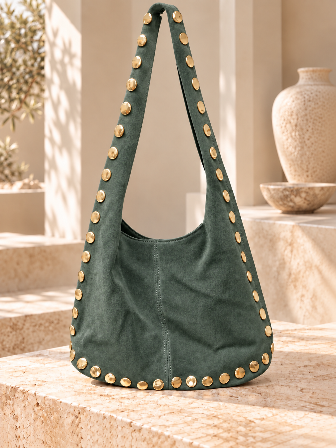 Sage green Gold Studded Hobo Bag