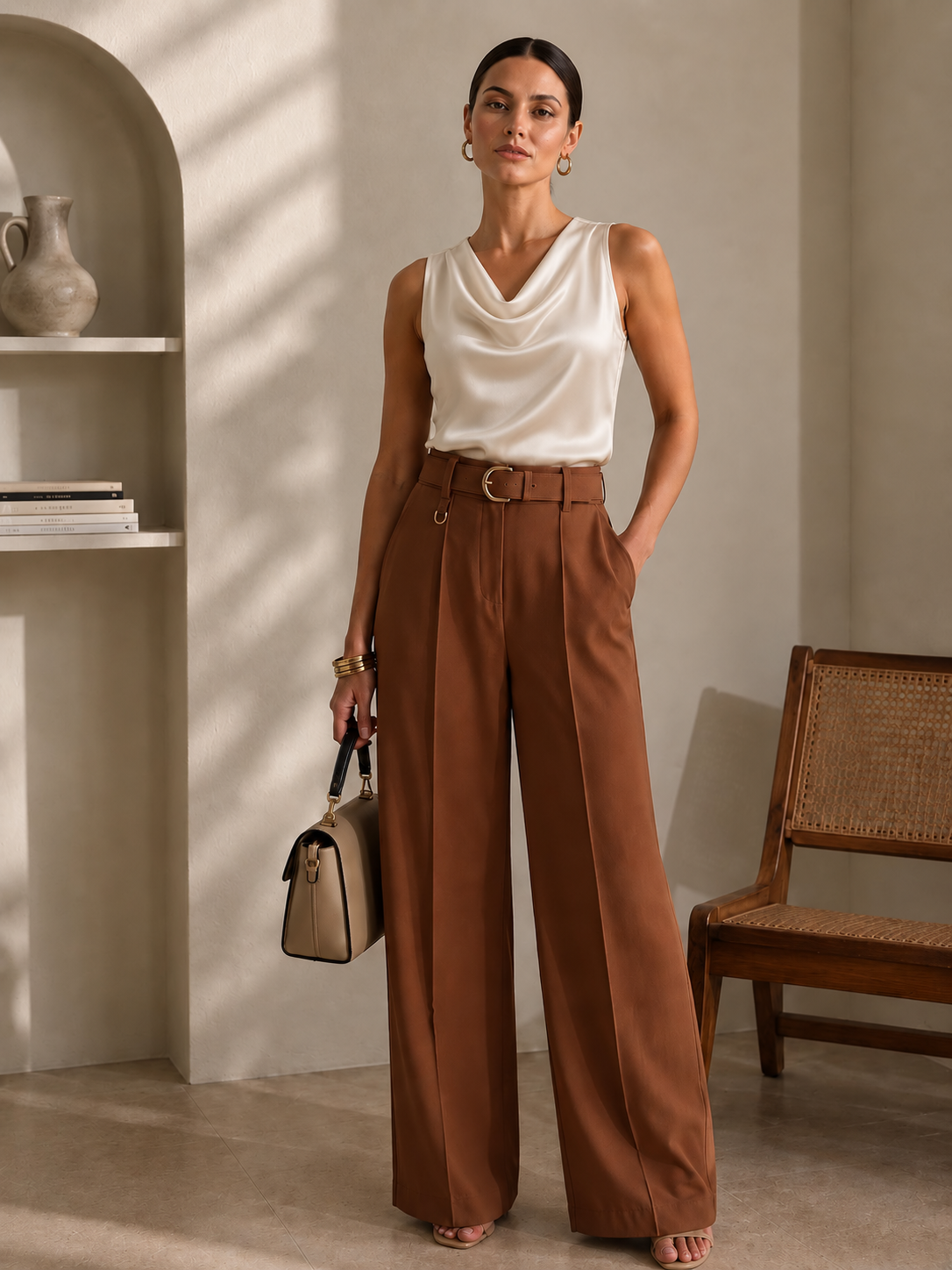 Sophia High-Waisted Belted Wide-Leg Pants Camel