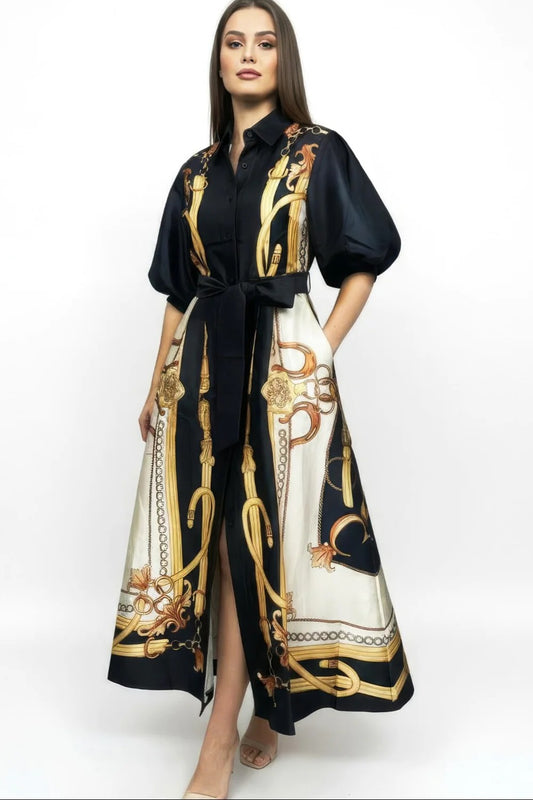 Chain Print Puff Sleeve Maxi Dress