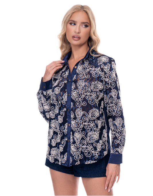 Navy Long Sleeve Top Elevates With Elegant Gem Accents Along The Neckline