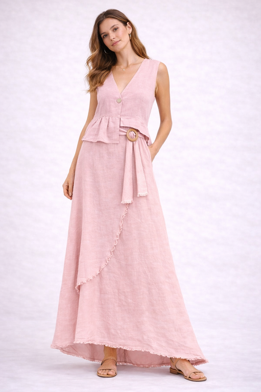 Italian Linen Set in Pink with Asymmetrical Skirt and Natural Button Detail