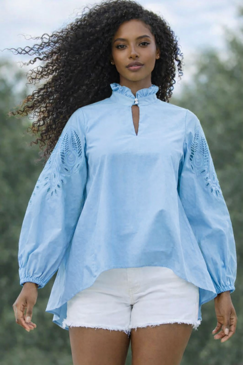 N by Nancy Eyelet Sleeve High-Low Top Blue