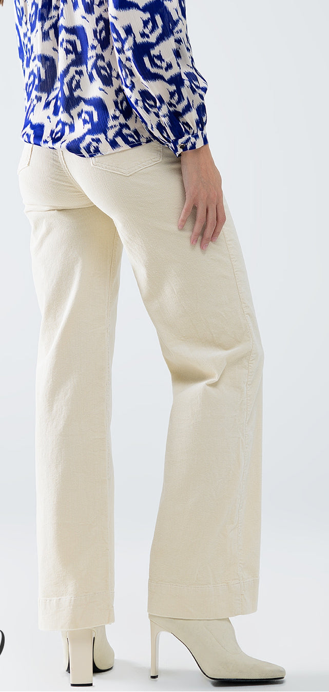 Straight Leg Corduroy Jeans in Ecru with Pockets Cream
