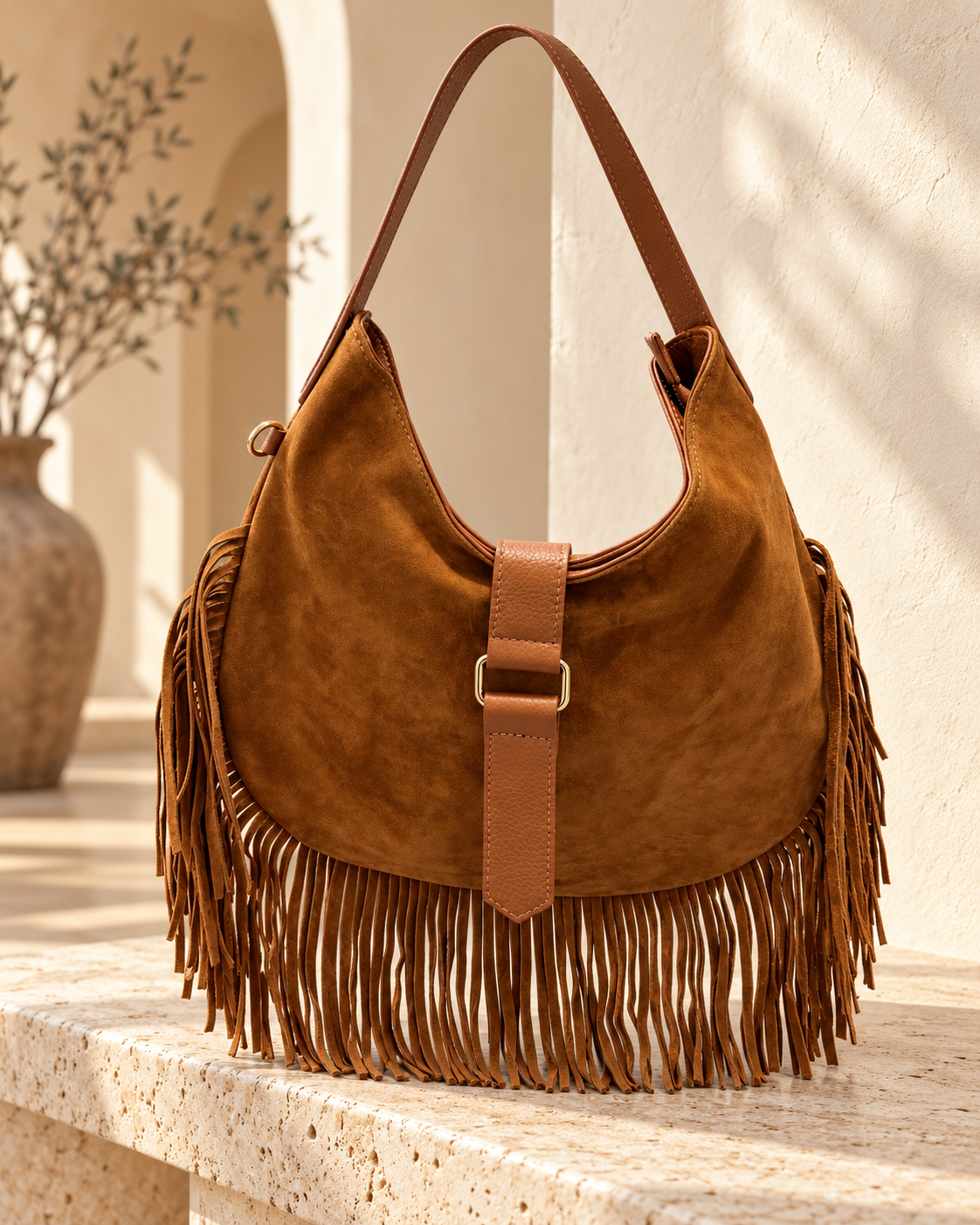 Camel Boho Fringe Hobo Bag
