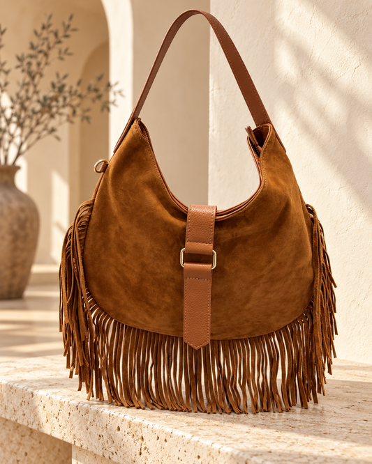 Italian Leather Camel Boho Fringe Hobo Bag