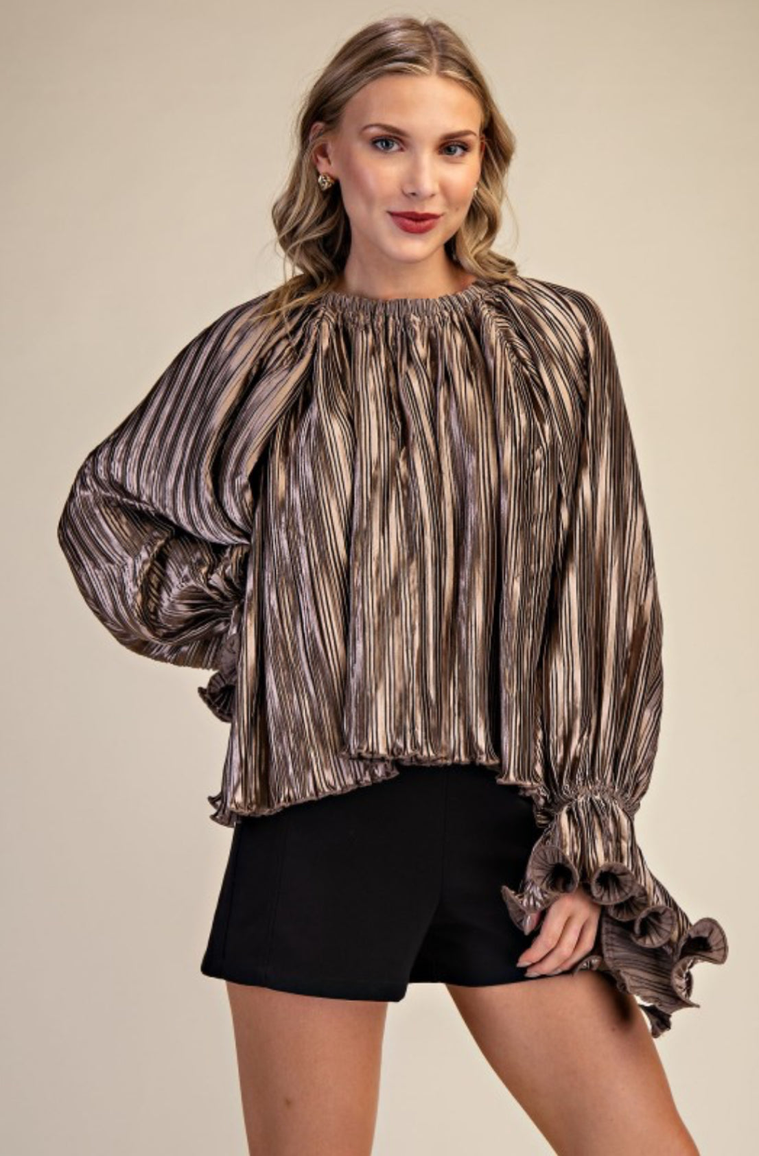 Pleated Full Ruffles Top Mocha