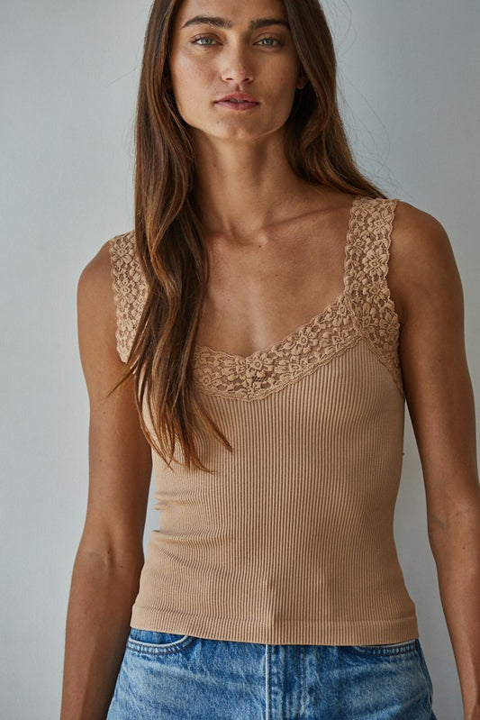 Fallen For Lace Tank Top Almond