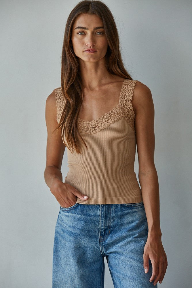 Fallen For Lace Tank Top Almond
