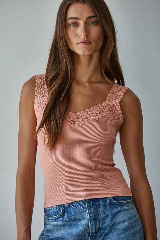 Fallen For Lace Tank Top Dusty Rose