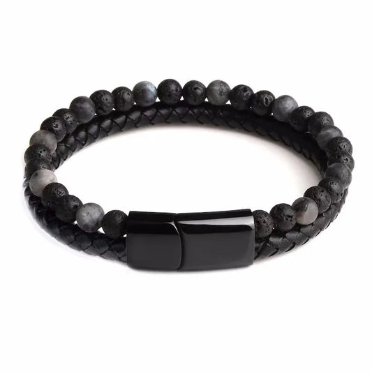 Round Alloy Natural Stone Beaded Braid Men's Bracelets in Gray