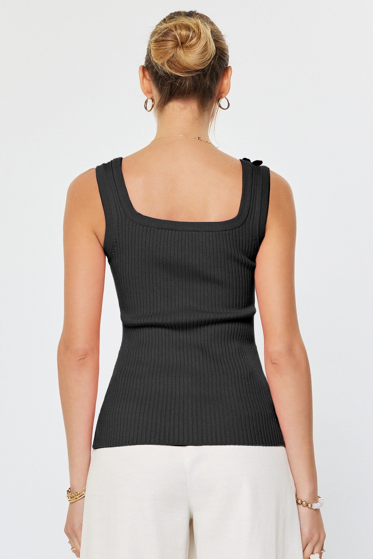 Flora Applique Square Neck Knit Tank Top Black