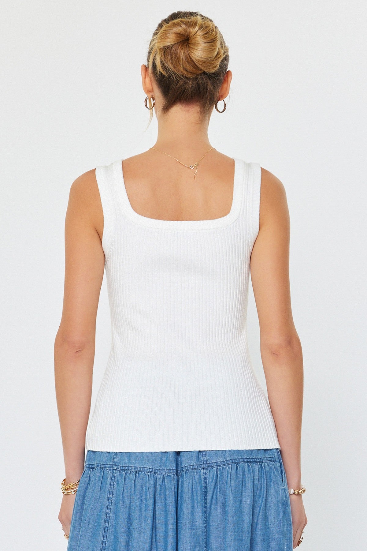 Flora Applique Square Neck Knit Tank Top White